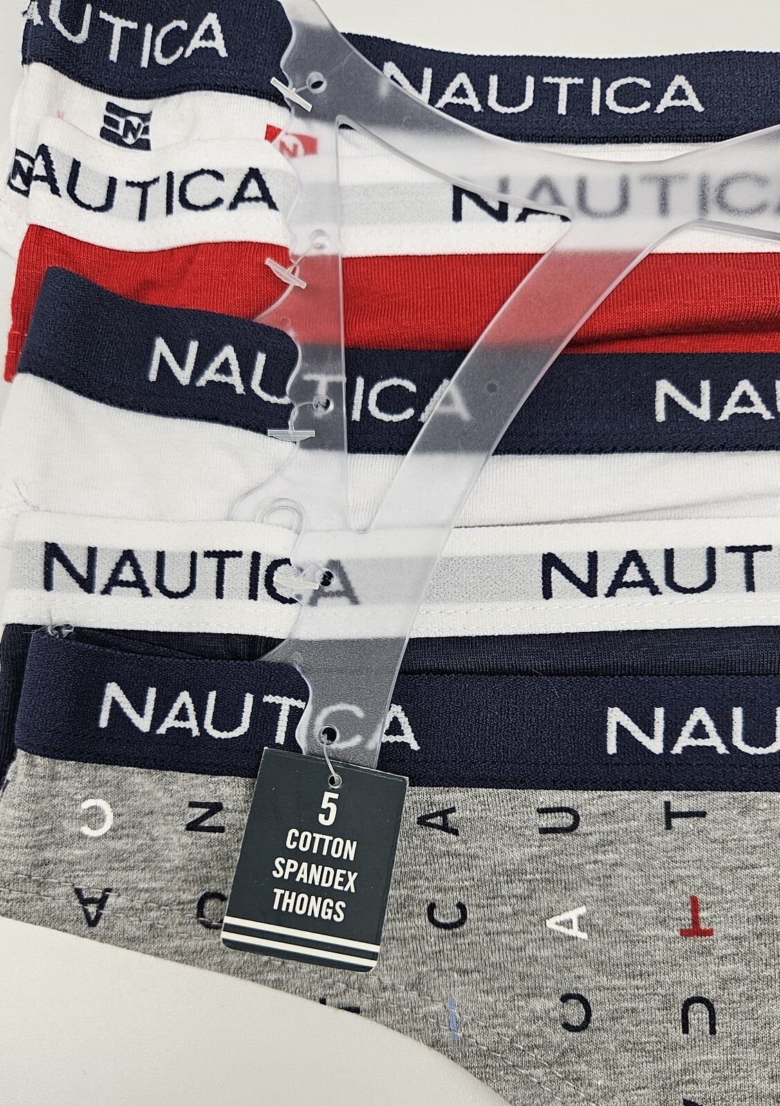 5 Pack NAUTICA Women’s M L XL Cotton Logo Thong Panties Navy Blue White Gray Red