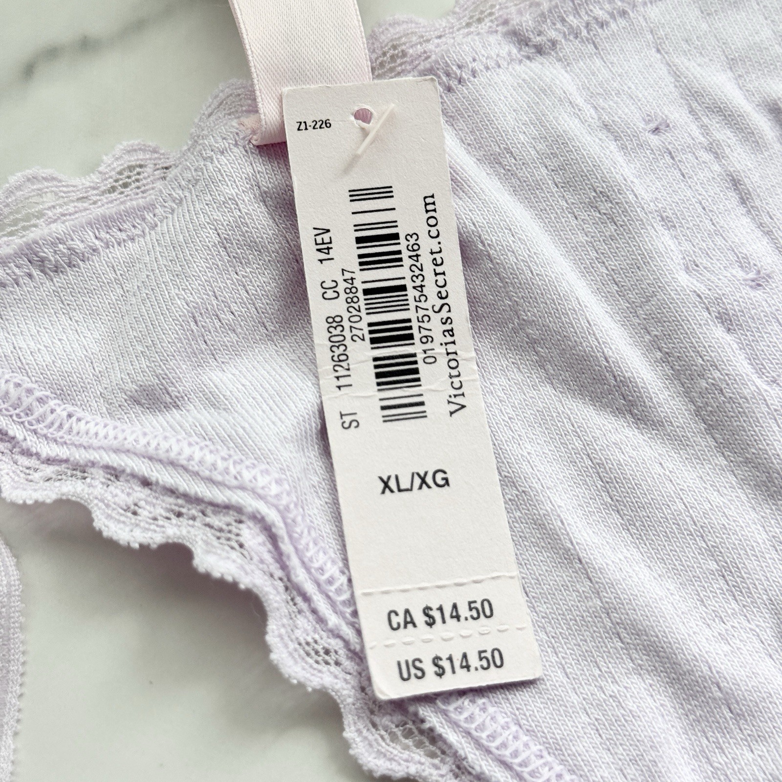 Victoria’s Secret Lace-Trim Cotton Pointelle V-String Panty Delicate Violet XL