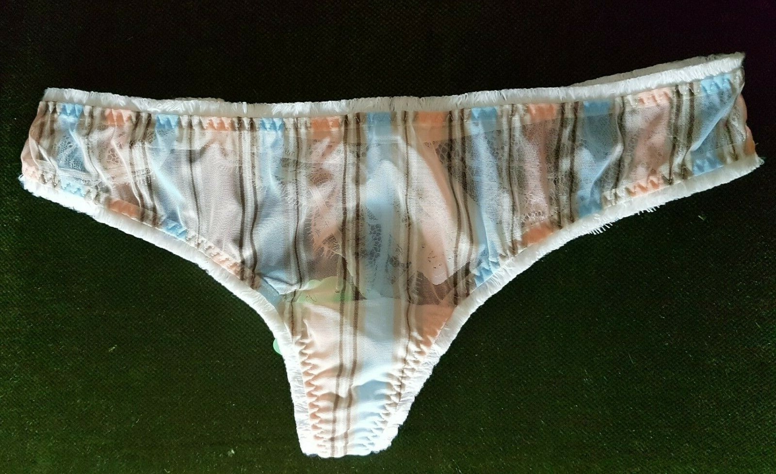 Sielei Sheer Striped Mesh/Lace Panels Blue/Brown/Peach/Ivory Thong Fringe Trim S