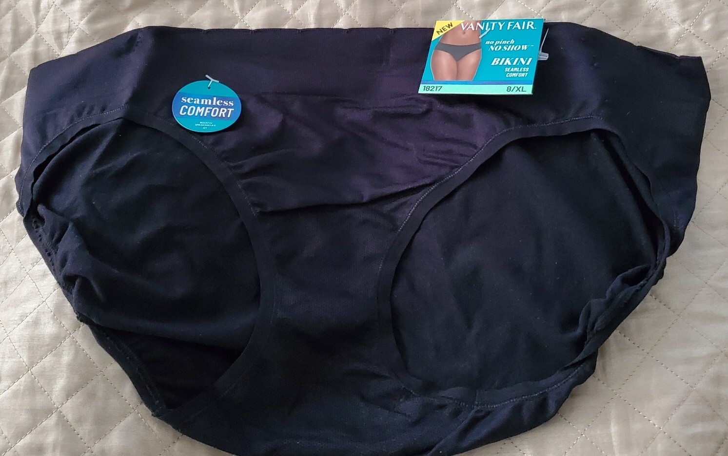 NWT Vanity Fair No Pinch No Show Bikini Panties 18217 Seamless Black Size 8/XL