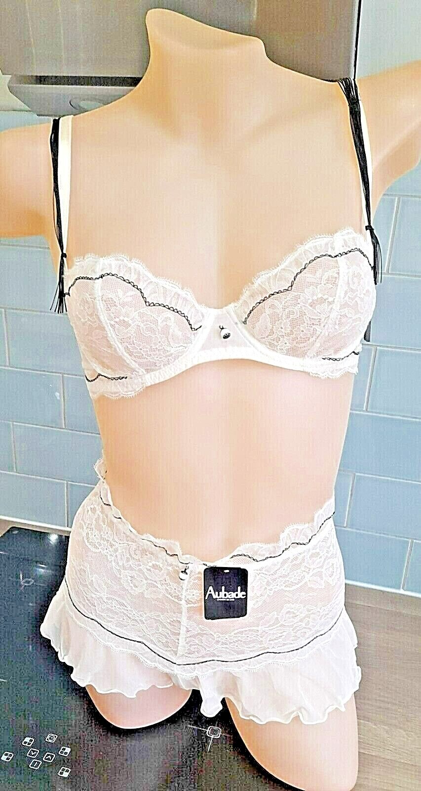 Aubade Ivory/Black Collection CHAR Sheer Lace/Mesh French Knickers