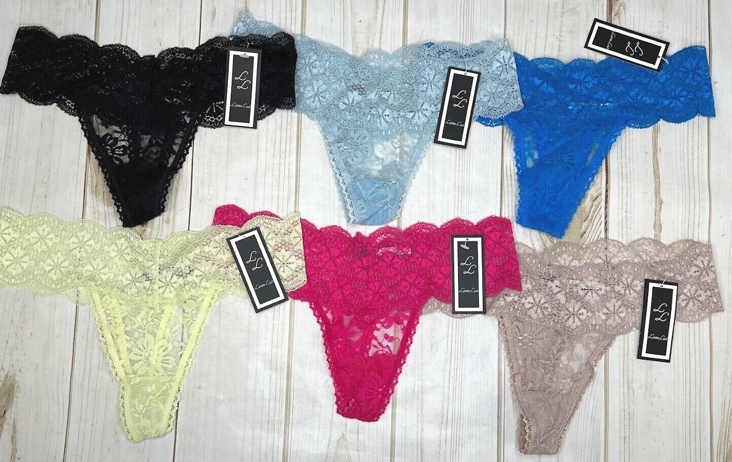 New 6 Pairs Love Lux Sexy Lace Thong Panties Black Blue Yellow Pink Beige