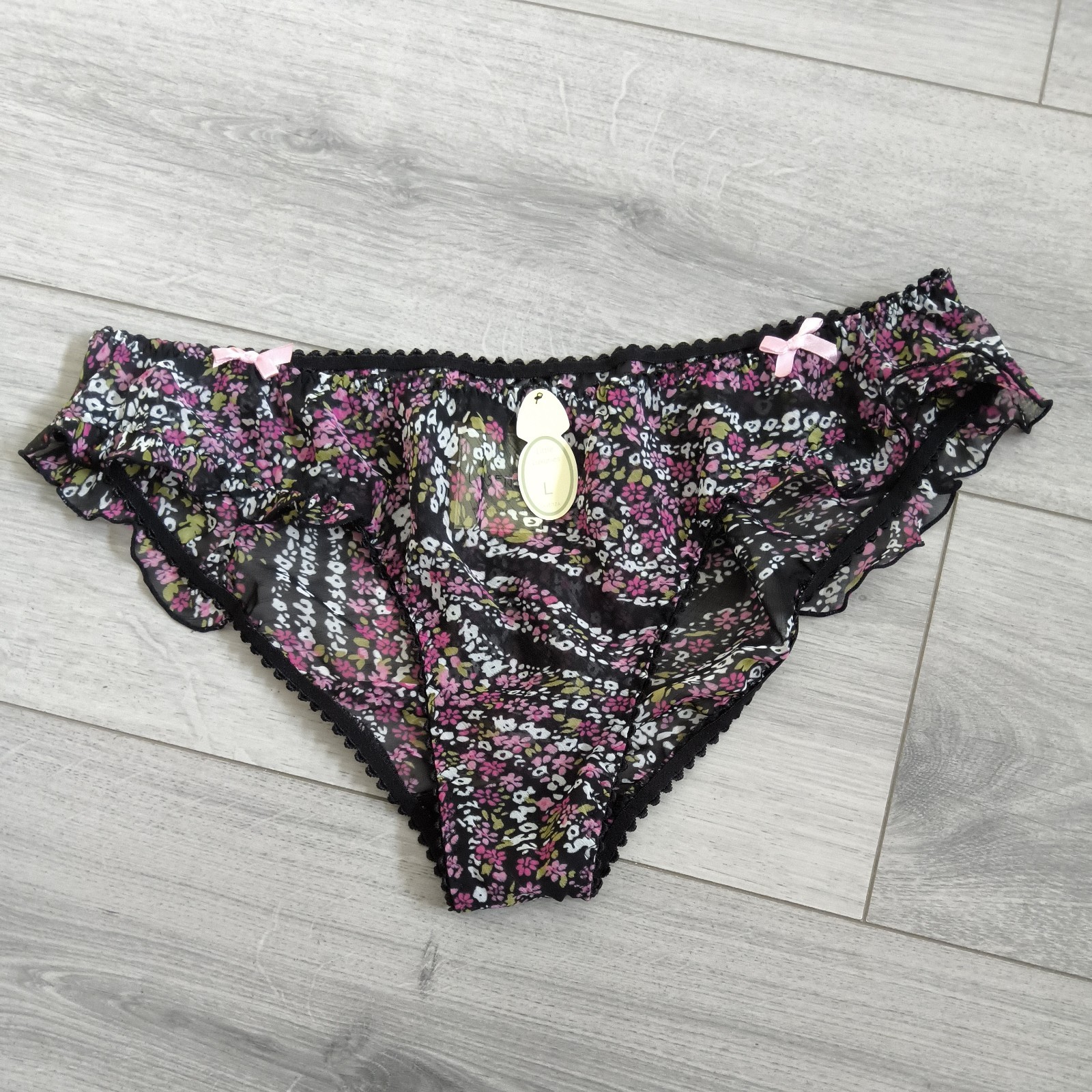 BNWT Vintage La Senza Lime/Pink Blossom Chiffon Frilled Panties Size Large