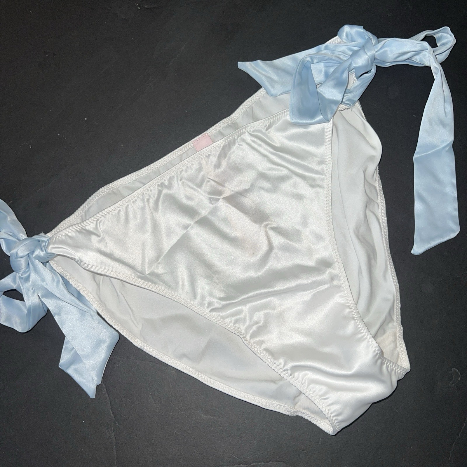 Victoria’s Secret M panty LOT 2 SATIN BLUE WHITE side tie BRIDE I DO EMBROIDERY