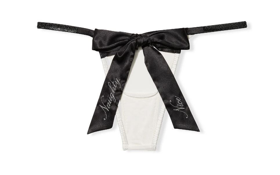 Victorias Secret DA White Open-Back Black Bow Cheekini Panty Naughty Nice XL NWT
