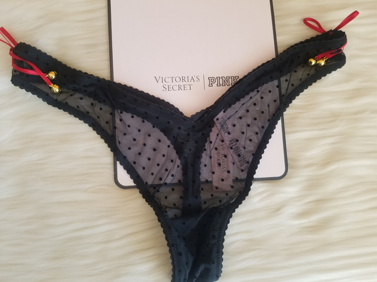 VICTORIA’S SECRET JINGLE BELLS MESH HIGH CUT LEG THONG PANTY LARGE BLACK NWT