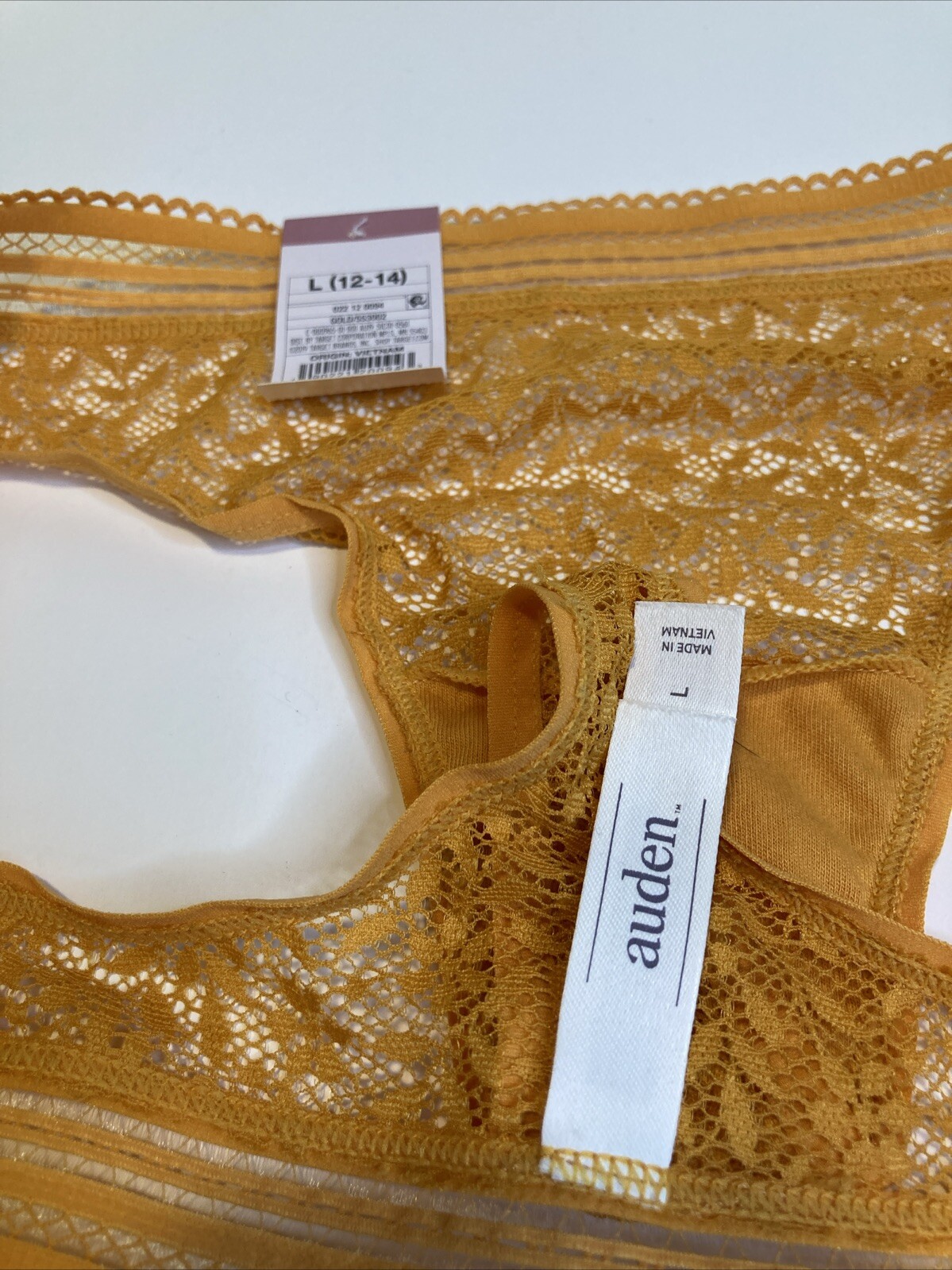 Auden Womens All Over Lace Thong Size L Mesh Waistband Gold Panties