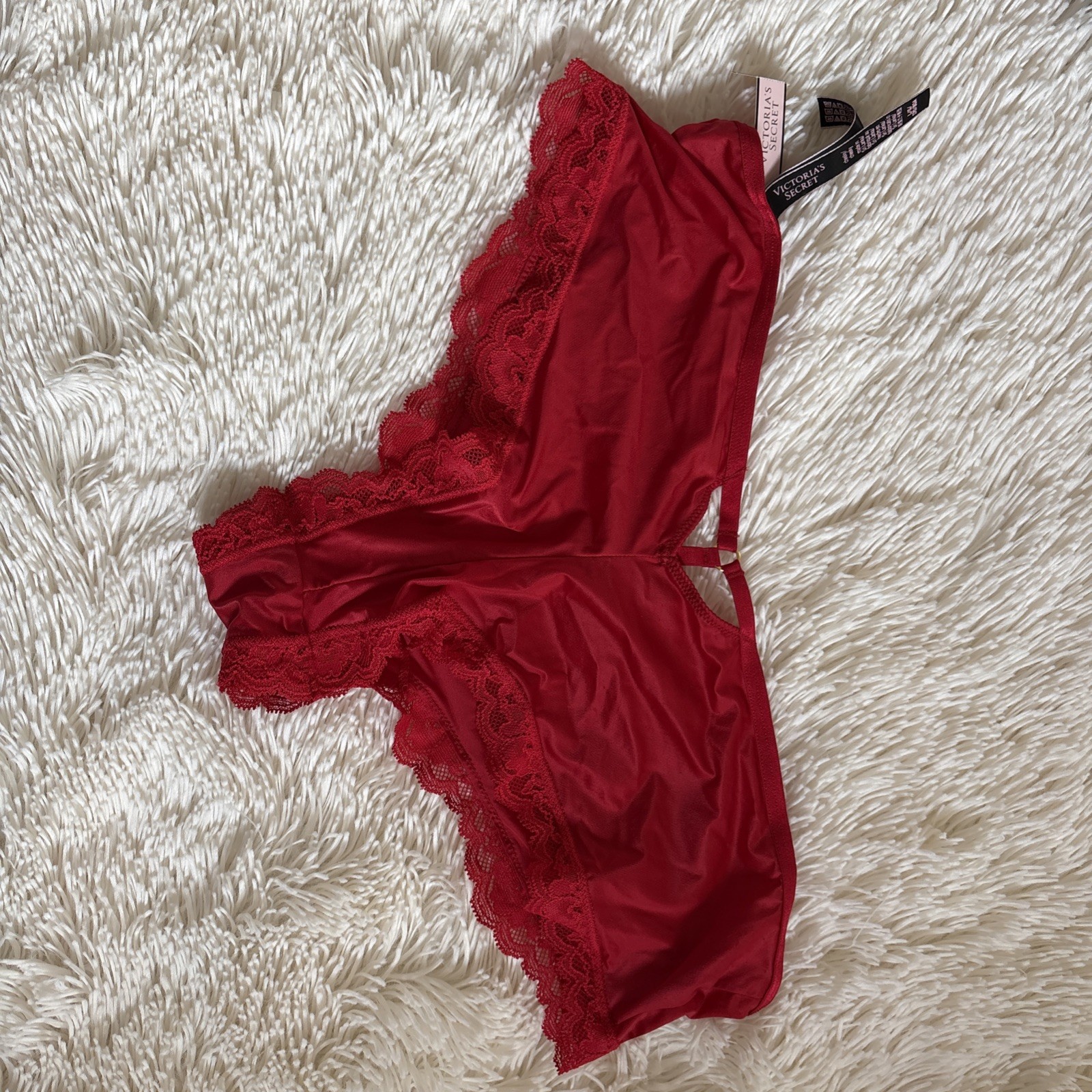 VICTORIA’S SECRET 1 FISHNET LACE SATIN CHEEKY PANTY 1 Plain Front NWT Large