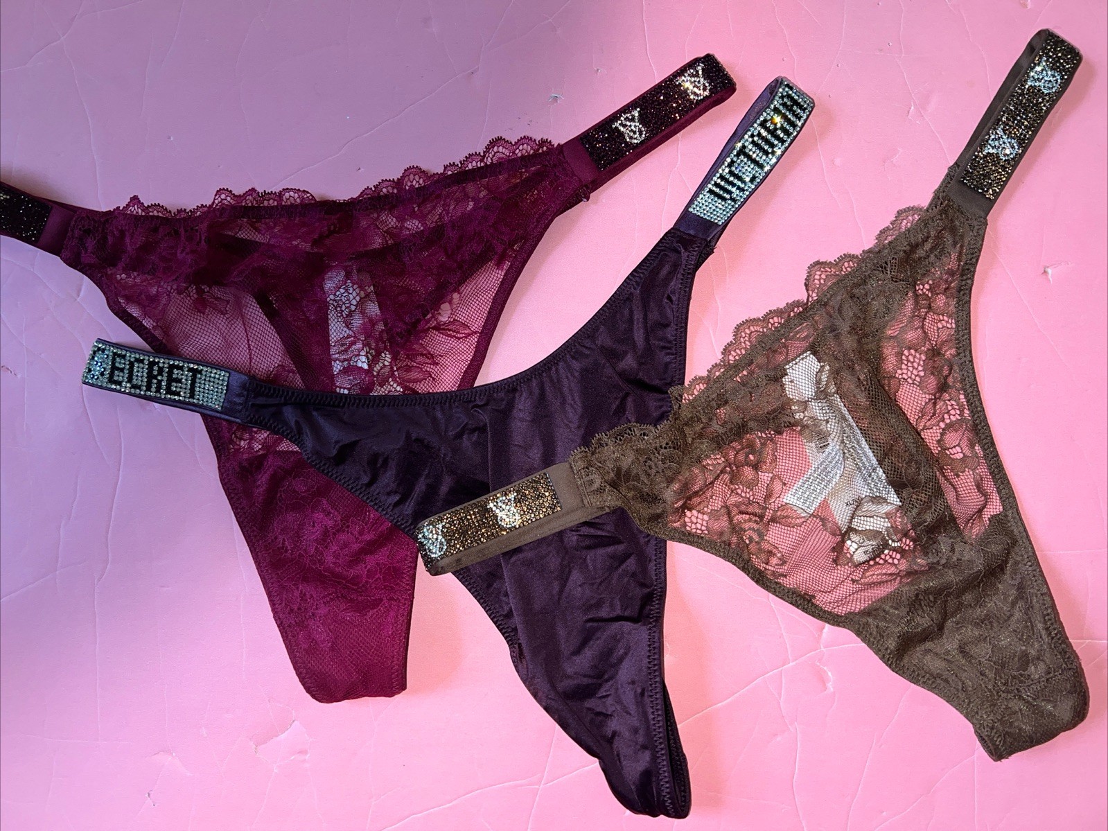 Victoria’s Secret XL THONG PANTY LOT Pink RED Green Black Brown LACE SHINE STRAP