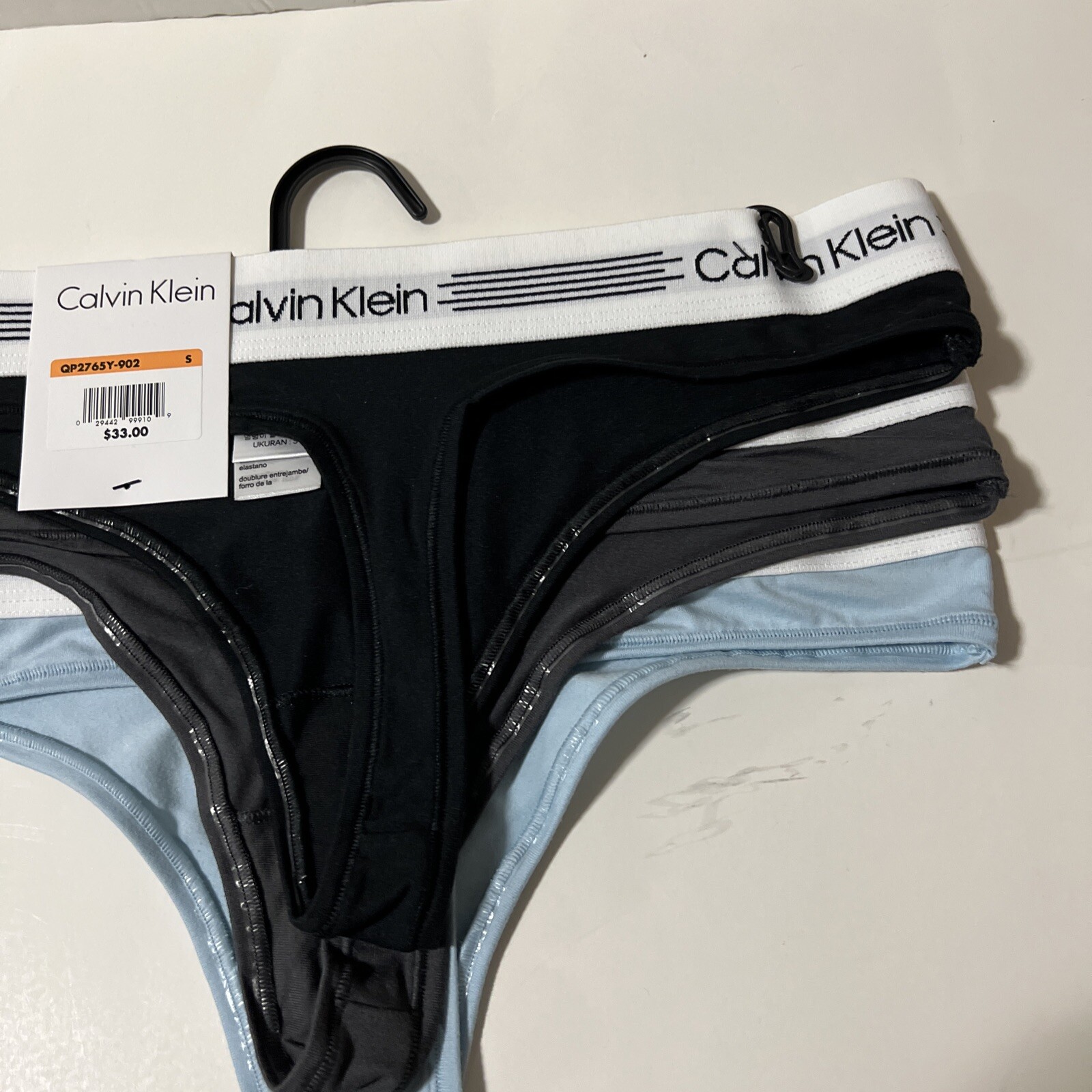 3 New Calvin Klein Mid RiseTHONG Panties Cotton Blend 3pk Black Gray Blue. New