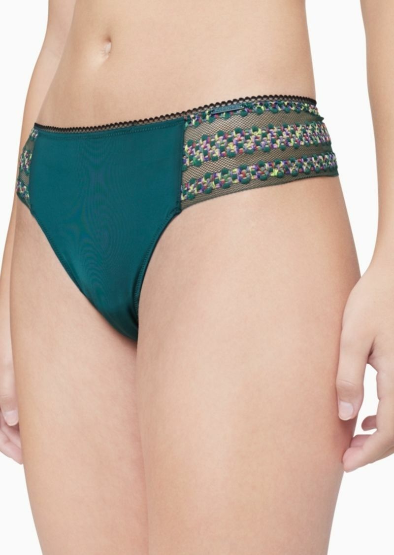 NWT Calvin Klein QF5874 “Striped Lace” Nylon w/ Lace Thong, Dark Green (989)