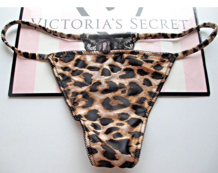 VICTORIA’S SECRET LEOPARD CHEETAH SATIN BLACK LACE V STRING THONG PANTY NWT XL