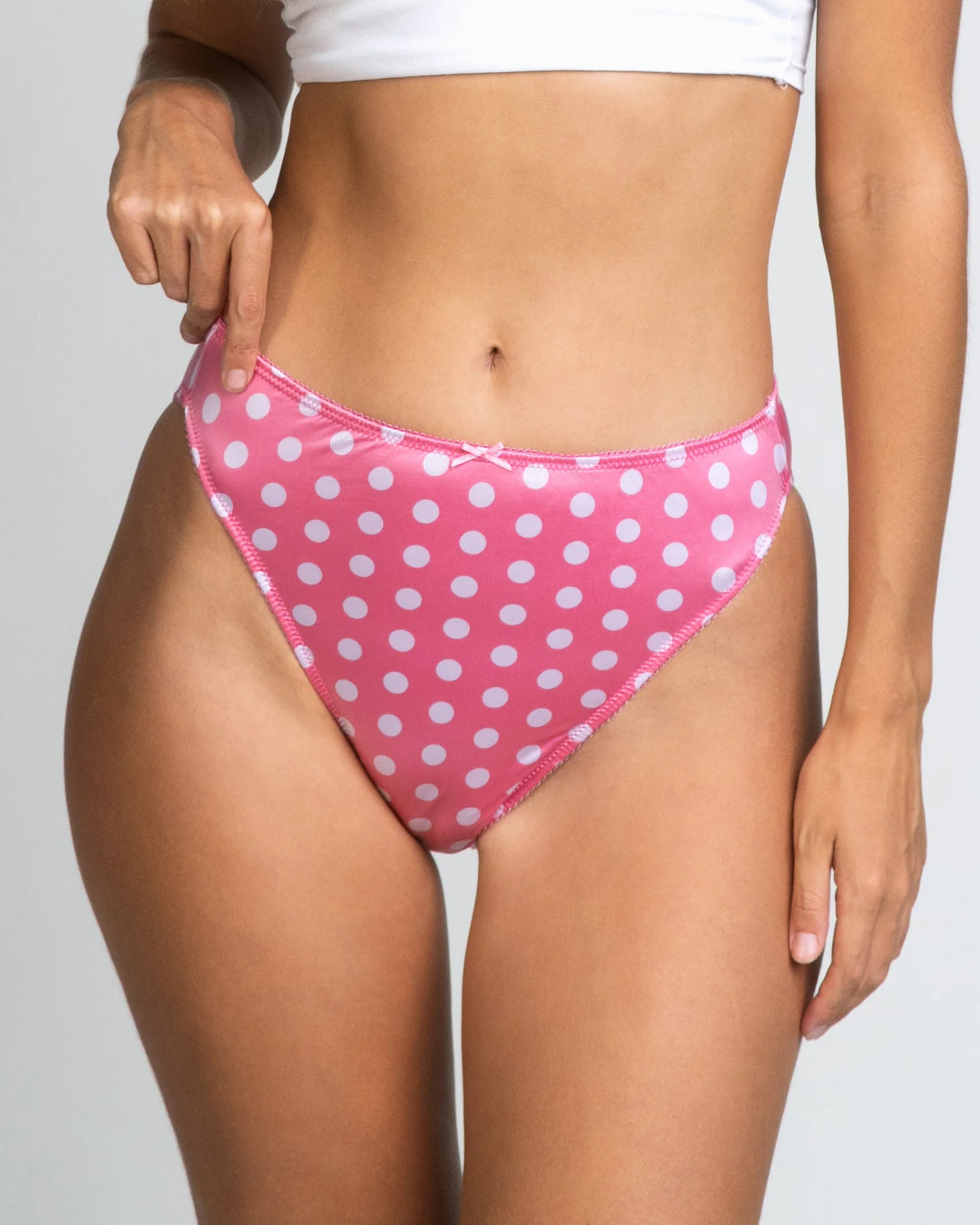 Katie & Laura Jenny Stretch Satin Classic Hi-cut Panty White Dots on Pink S-2X