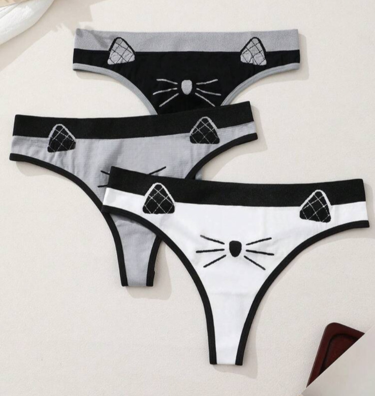 Women’s Kawaii Cartoon Cat Print Seamless Mid-Rise Thong Panty 3 Pack XL X-Large
