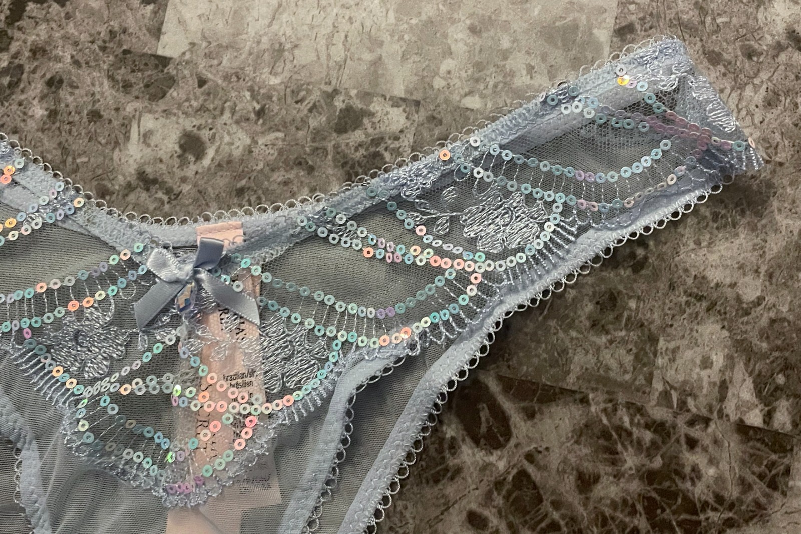 NWT VICTORIA’S SECRET BLUE MESH IRIDESCENT SEQUIN PICOT BRAZILIAN CHEEKY PANTIES