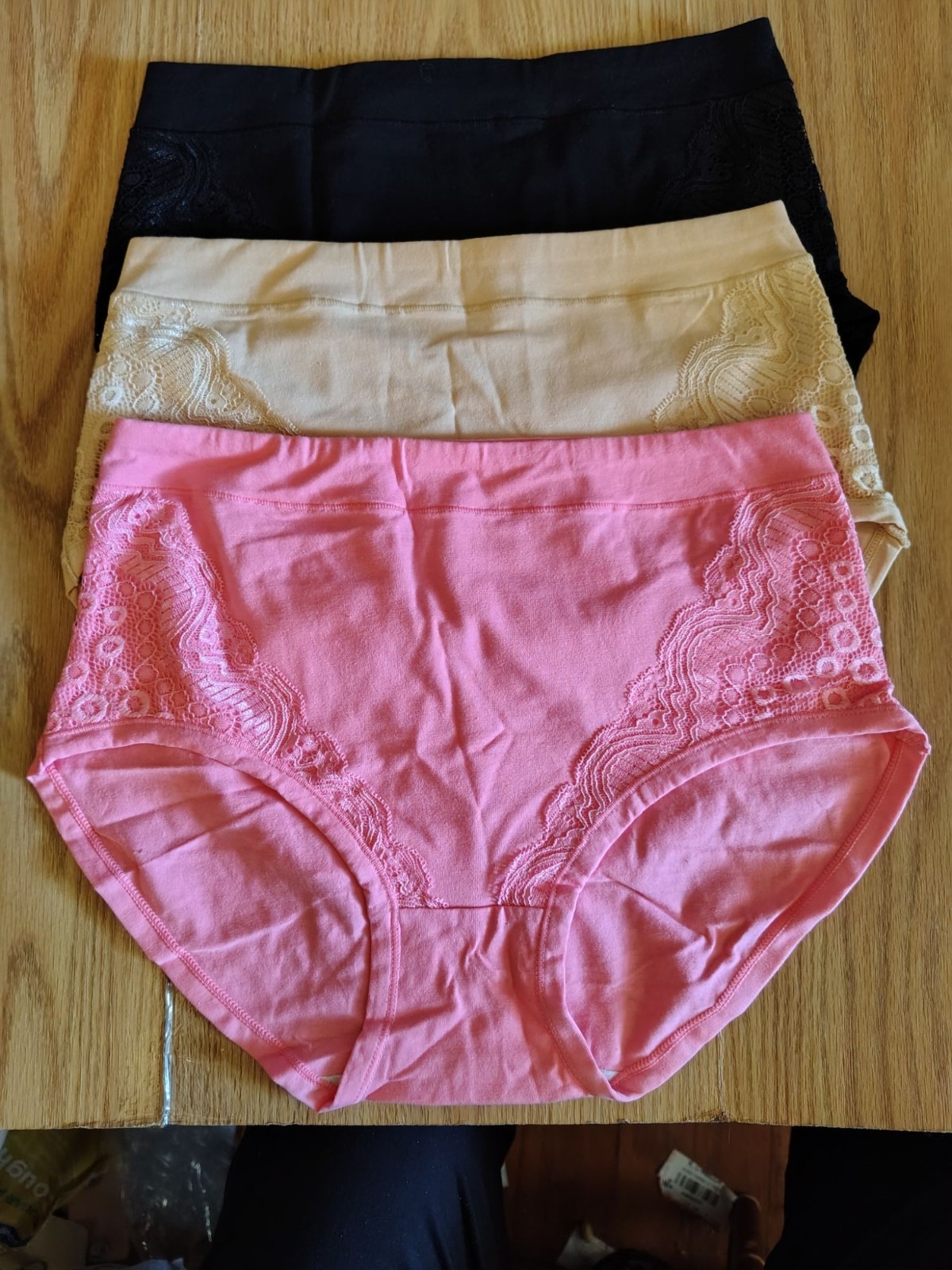 Womens High-Waist Briefs W/Lace Trim 3-Pack In Black Beige & Pink Size 3XL New