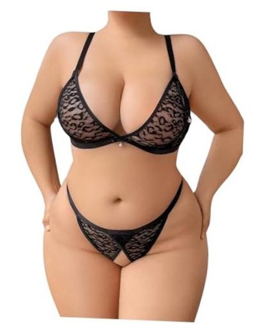 Women’s Plus Size Lingerie Set Lace Sheer Deep V Neck Bra 4X-Large Plain Black