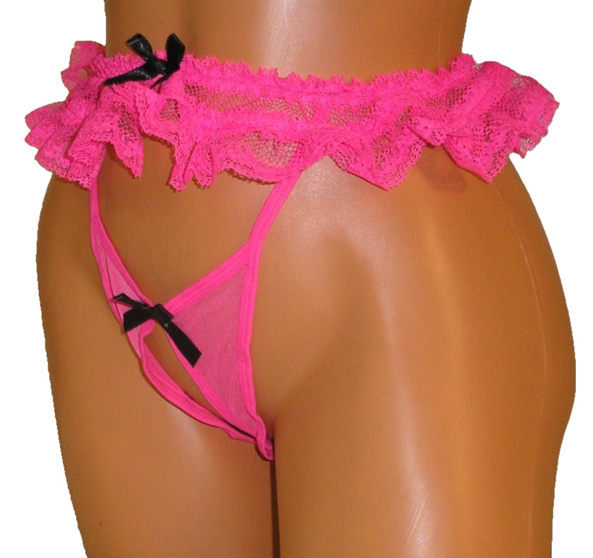 Panties Lingerie Pink Lace Top Mesh Crotchless XL / 1X Adult Gift