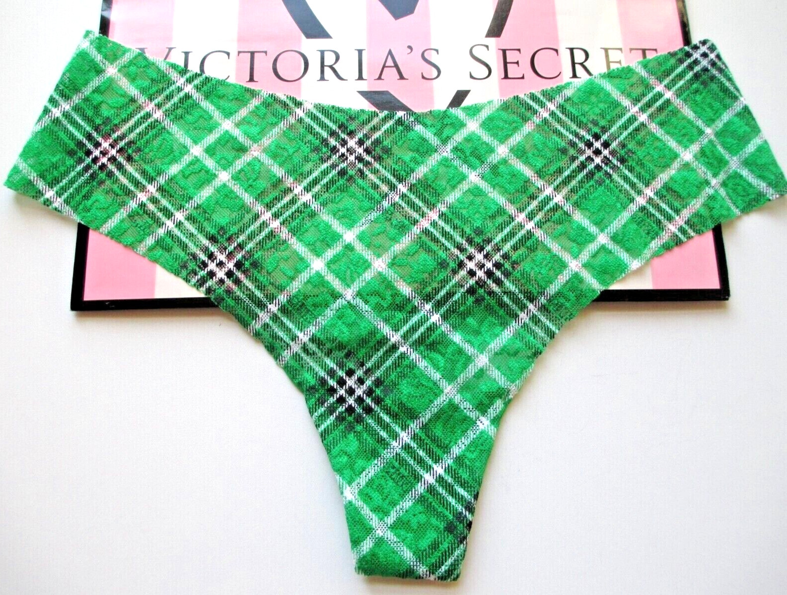 VICTORIA’S SECRET PINK No Show Lace Thong Panty VS Green Plaid S M L XL NWT