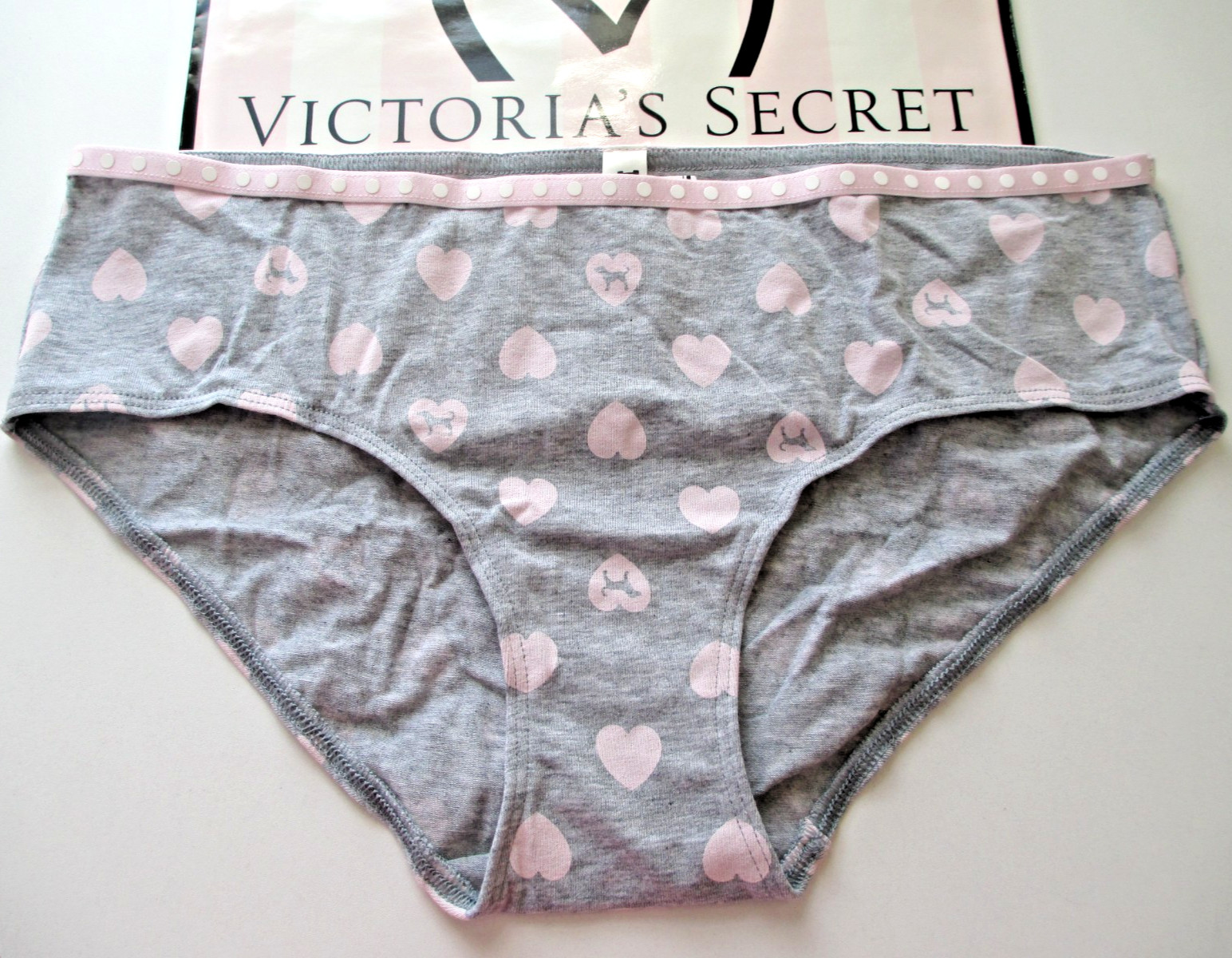 VICTORIA’S SECRET PINK Cotton Hiphugger Panty S M L XL Gray NWT Polka Dot Hearts
