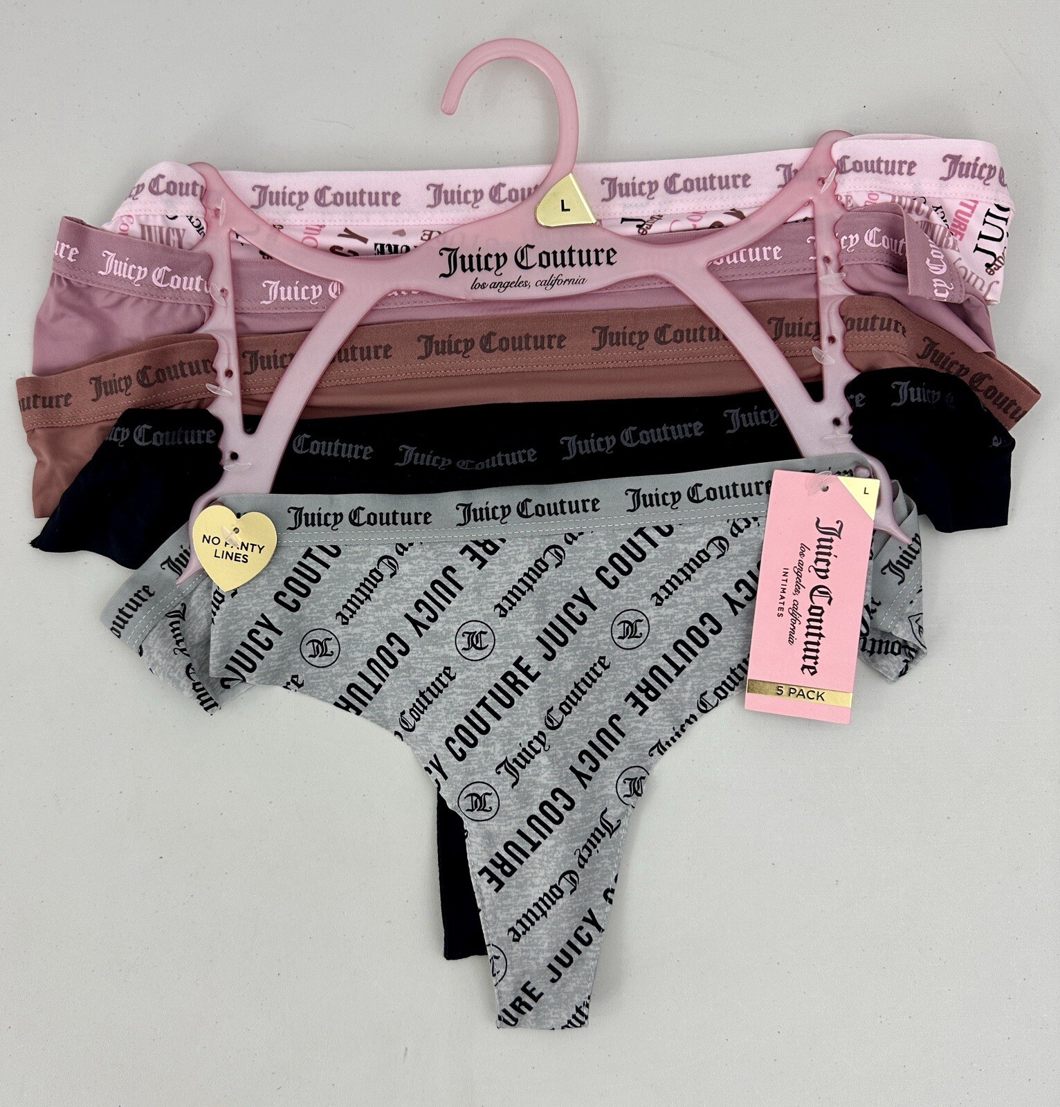 Juicy Couture Women’s L 5-Pack Thong Pinks, Grey & Black Logo & Solid Patterns