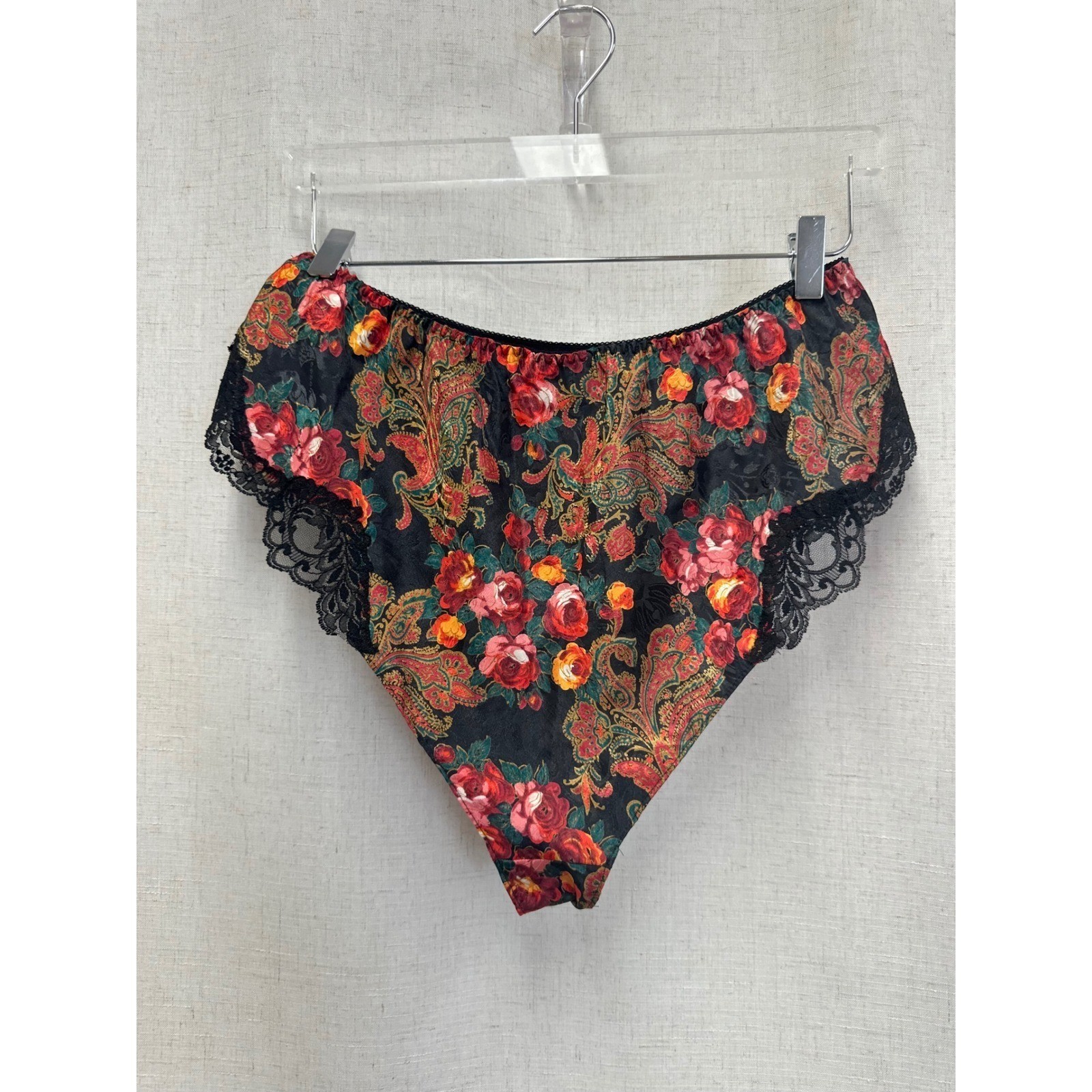 90s Delicates Floral Paisley Black Red Satin Lace Trim High Cut Bottoms Sz Small