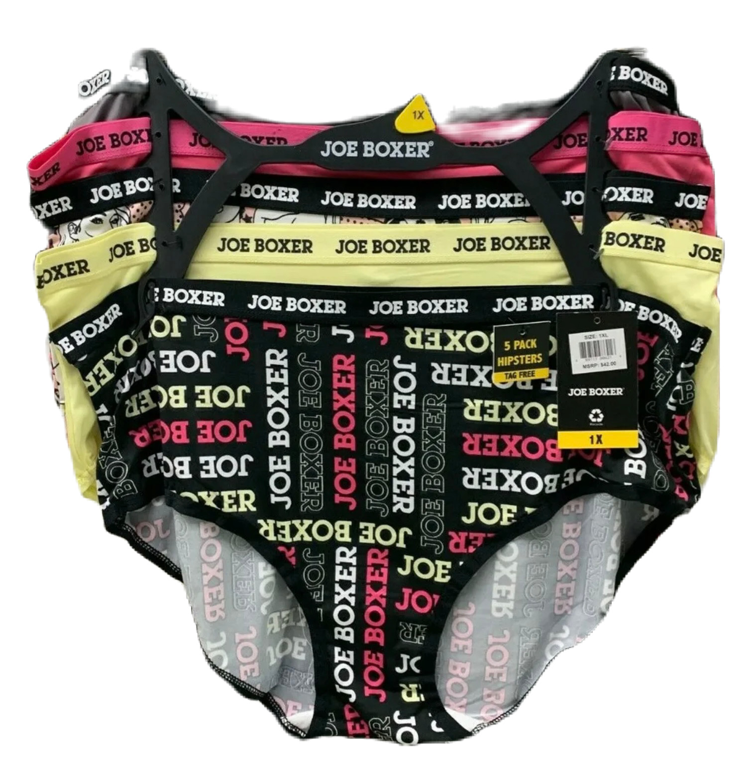 Joe Boxer Plus 1X Assorted Logo Elastic Waistband Tag Free Hipster Panties-5Pk