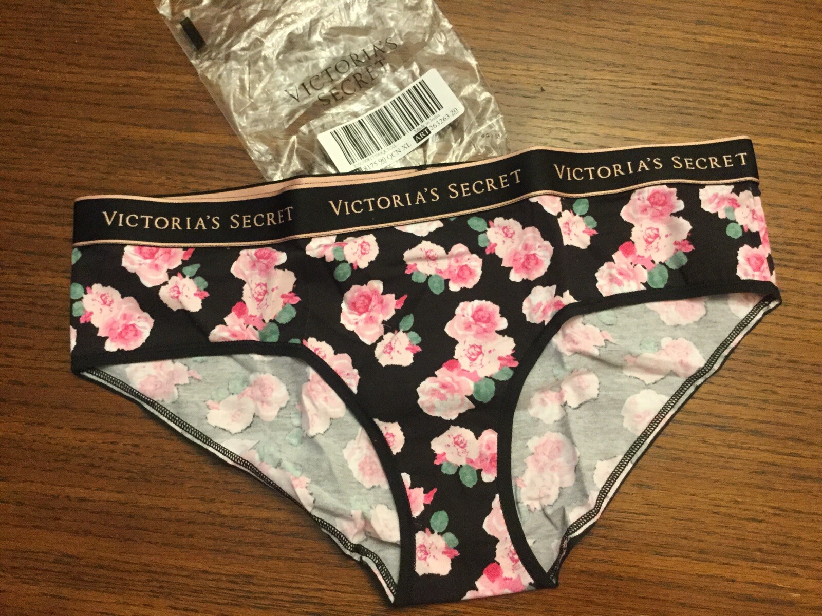 NWT Victoria’s Secret LOGO Waist Band Black Pink Floral Hip Hugger Underwear XL