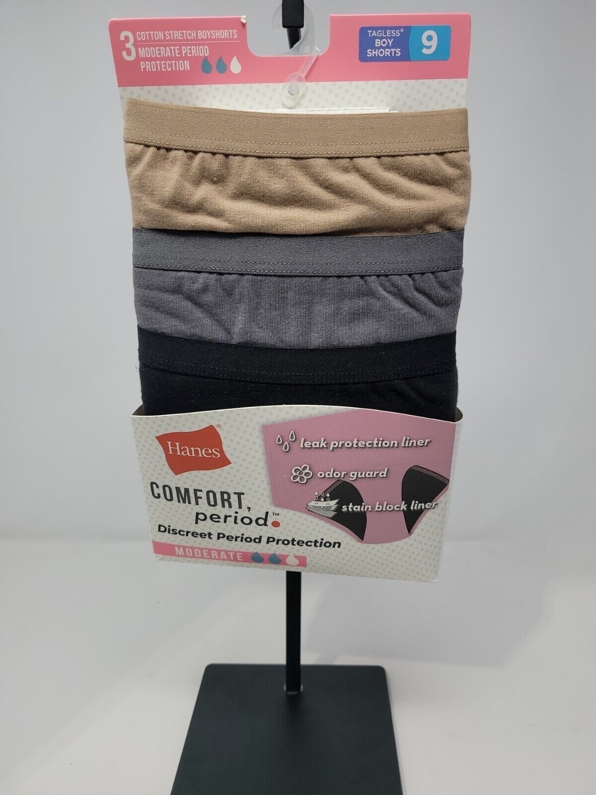 Hanes Women’s Comfort Period Protection Boy Shorts Black/Gray/Beige 3-Pk SZ 9