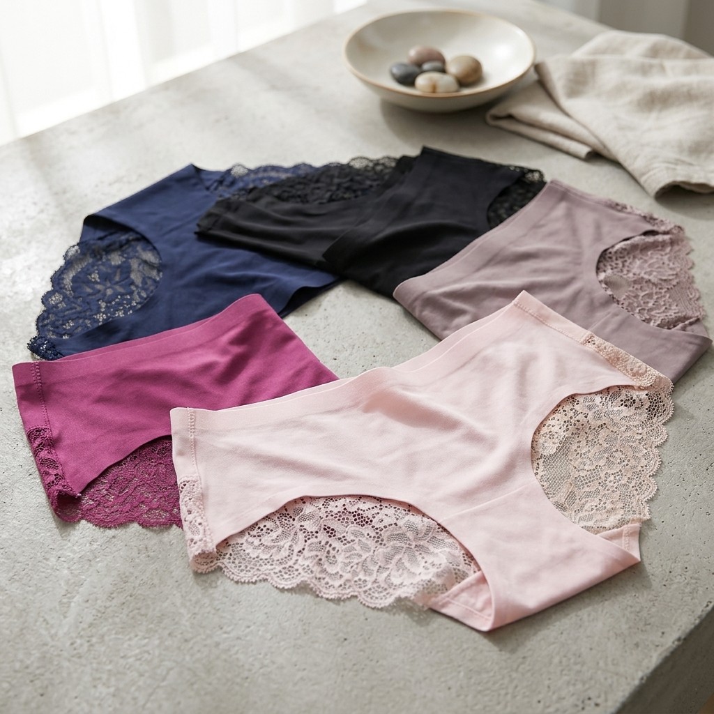 Women Ice Silk Lace Briefs 6 Pack Mid Rise Seamless Cotton Crotch Daily Panties