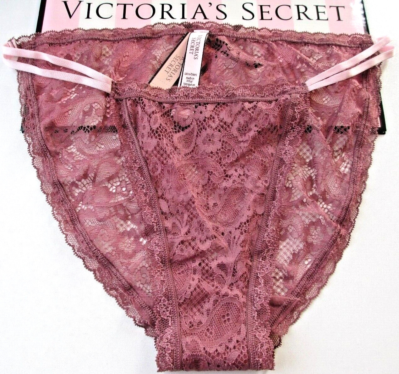 VICTORIA’S SECRET Lace String Bikini Panty VS Vintage Rose Pink S M NWT