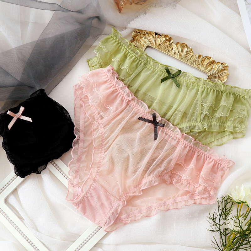 3PCS Women Ruffle Mesh Briefs Underwear Sheer See Through Panties Sexy Lingerie