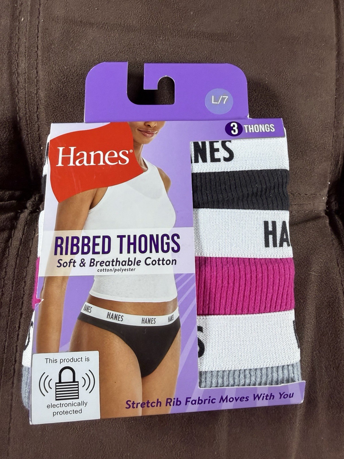 7/L Hanes Women’s Ribbed Cotton Thong 3-Pack, Pink, Black, Gray Stretch 40-41”
