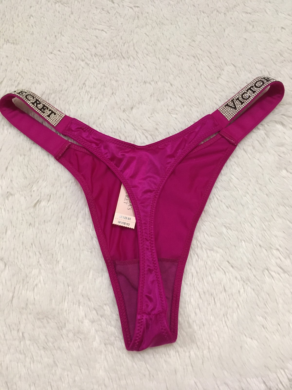 L VICTORIA’S SECRET Shine Strap THONG Panty RHINESTONE Logo Satin Berrylicious