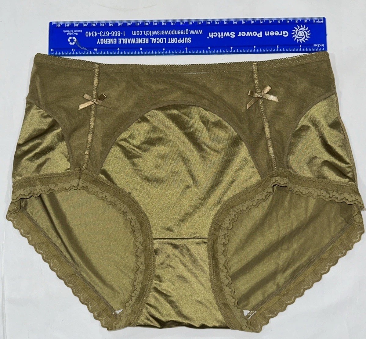 Large Olive Green Nylon Lace Spandex Blended Cotton Gusset Panties NWOT Bow Tie