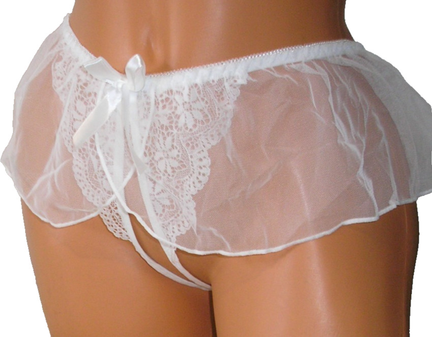 Panties Lingerie White Lace & Mesh Open Back & Crotchless, Large Adult Gift