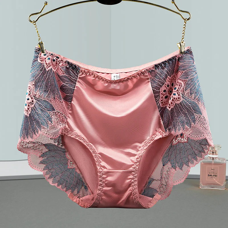 Floral Embroidery Briefs Mid Rise Satin Feel Breathable Panties Women Soft