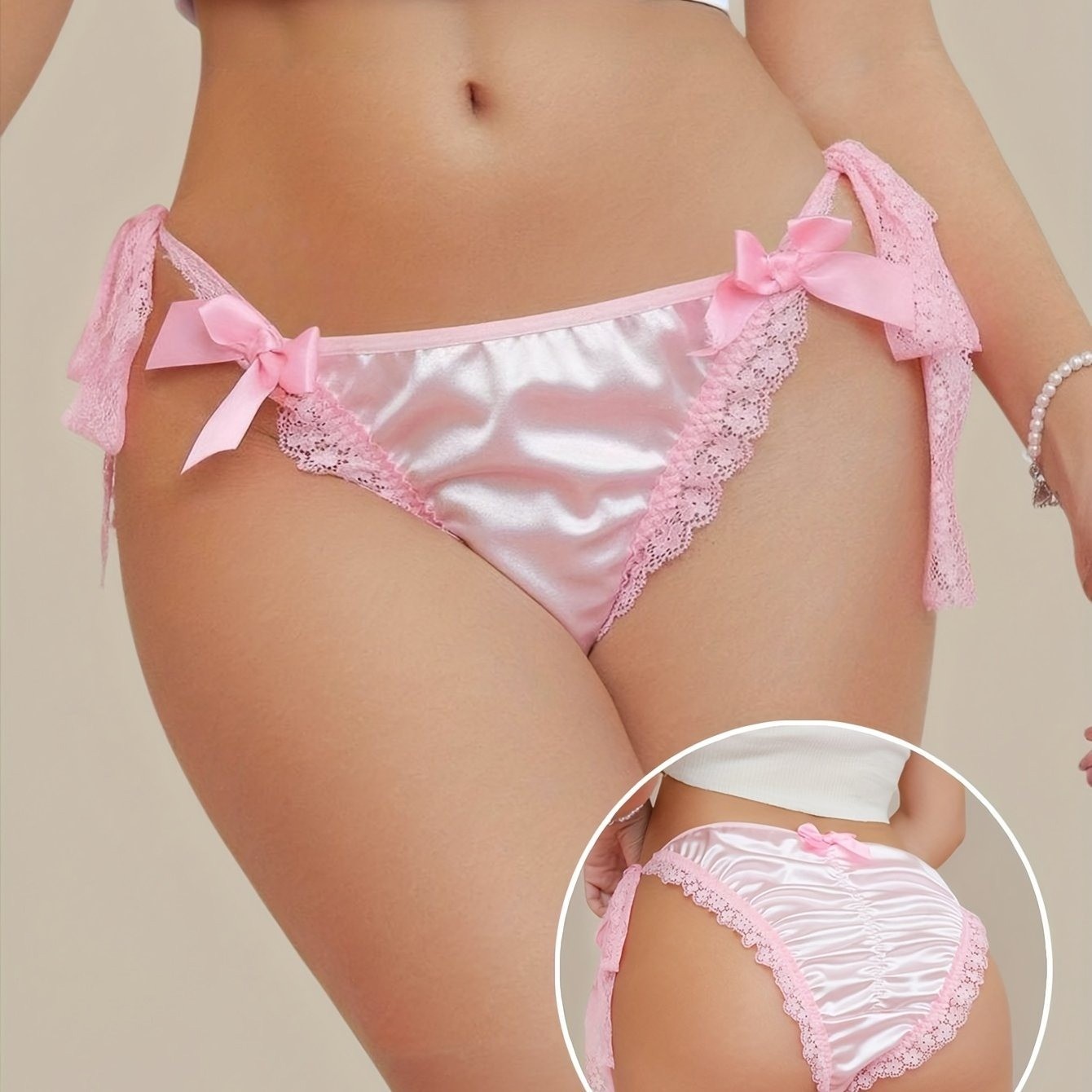 Sissy Bubblegum Pink Silky Satin Wet Look String Bikini Panties One Size (BG 48)