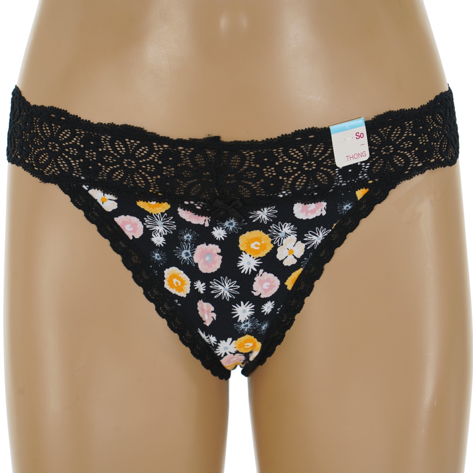 SO Junior’s Size 11-13 LARGE Black DAISY LACE Floral Print THONG PANTY #SO83-010