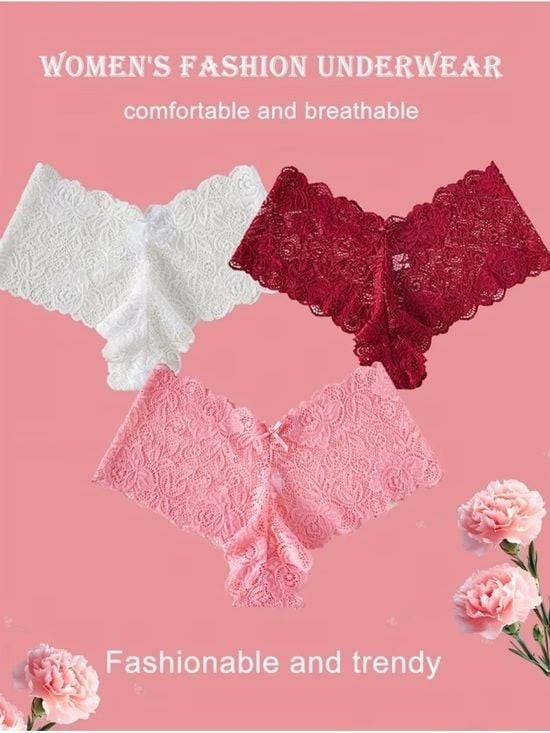 3 Lace Bikini Briefs – White, Red & Pink – Women’s Intimates Size Medium