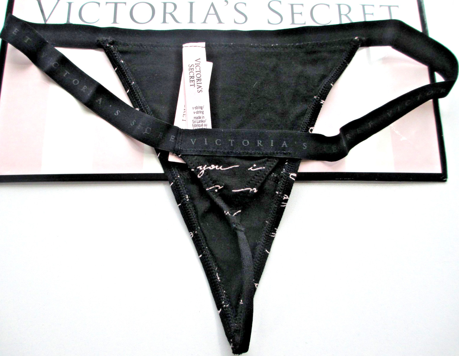 VICTORIA’S SECRET Cotton V-String Thong Panty S L Black Script NWT FREE SHIP 4+