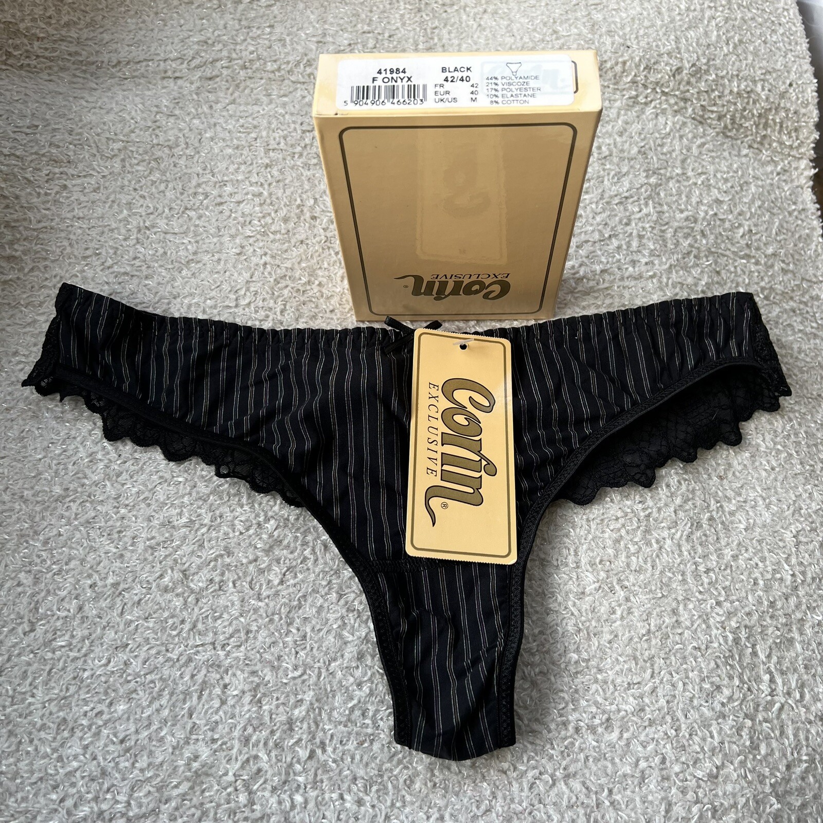 Corin Onyx Black Laced Back Thong, Size Medium (10/12) BNIB