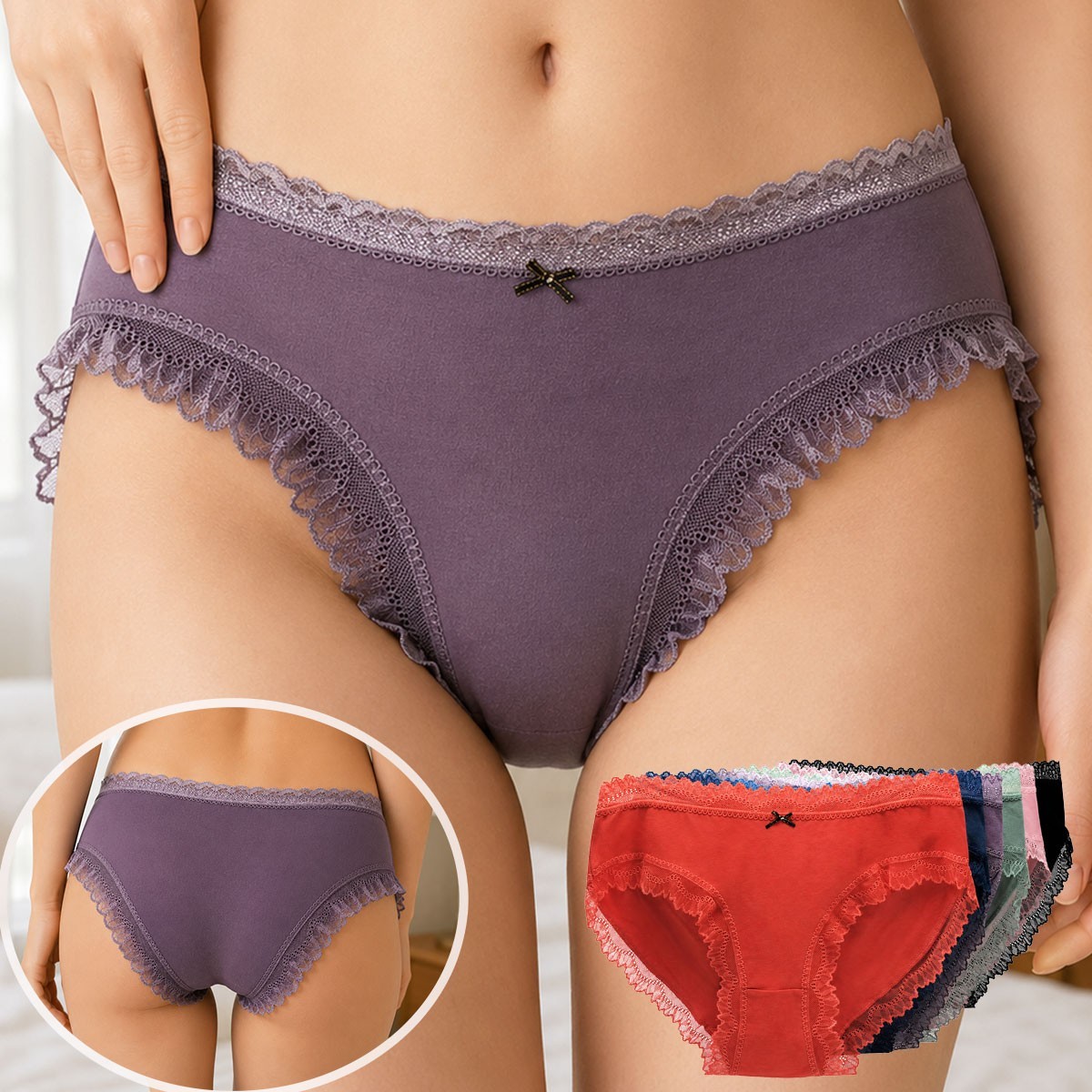 6 Pack 2XL 3XL 4XL Plus Size Women Cotton Bikini Panties Lace Ruffle Trim Briefs