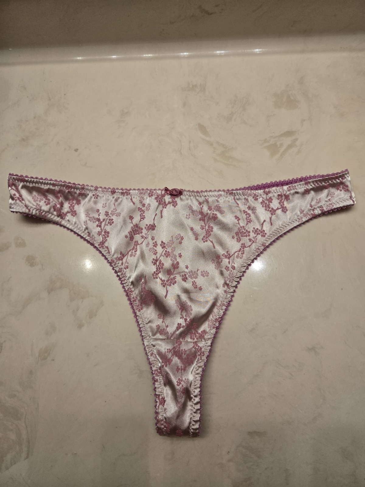 Vintage H&M Silver Satin Thong Pink Floral Design Size Medium Y2k