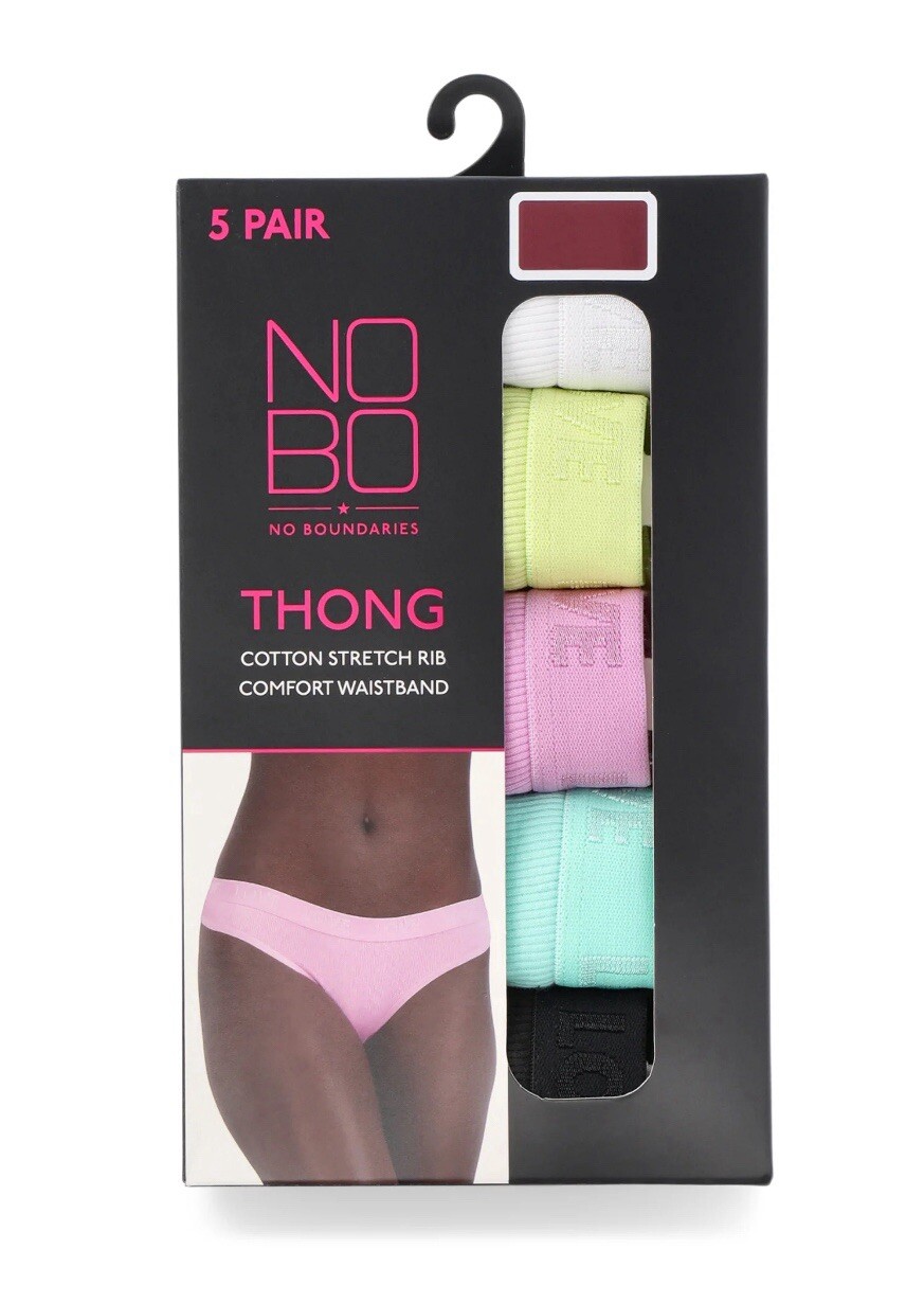 5-Pair NO BOUNDARIES Women’s S (3-5) THONG Cotton Stretch Ribbed Underwear