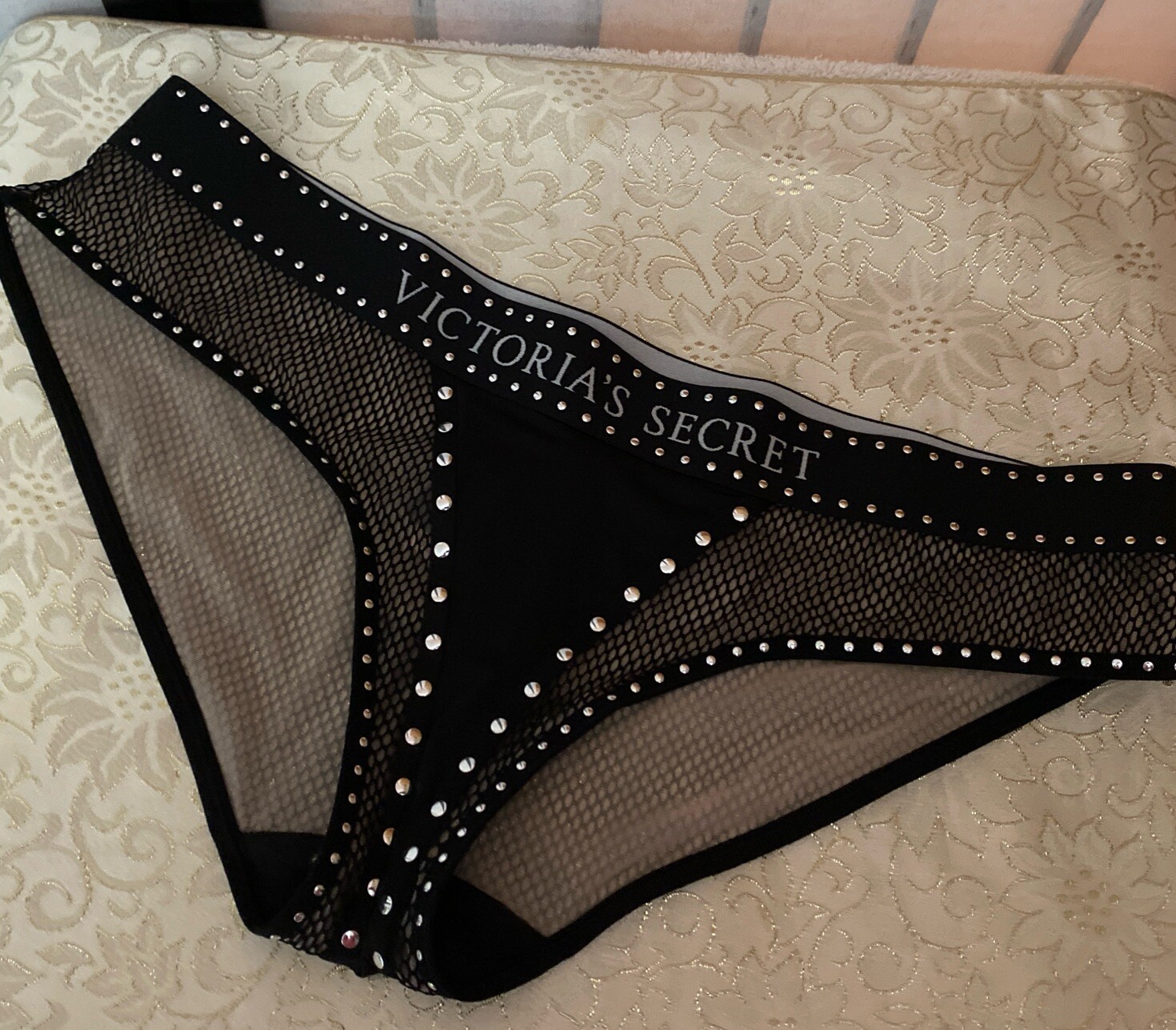 BALMAIN for Victoria’s Secret FASHION SHOW Blk Mesh Stud Rebel Hipster Panty L