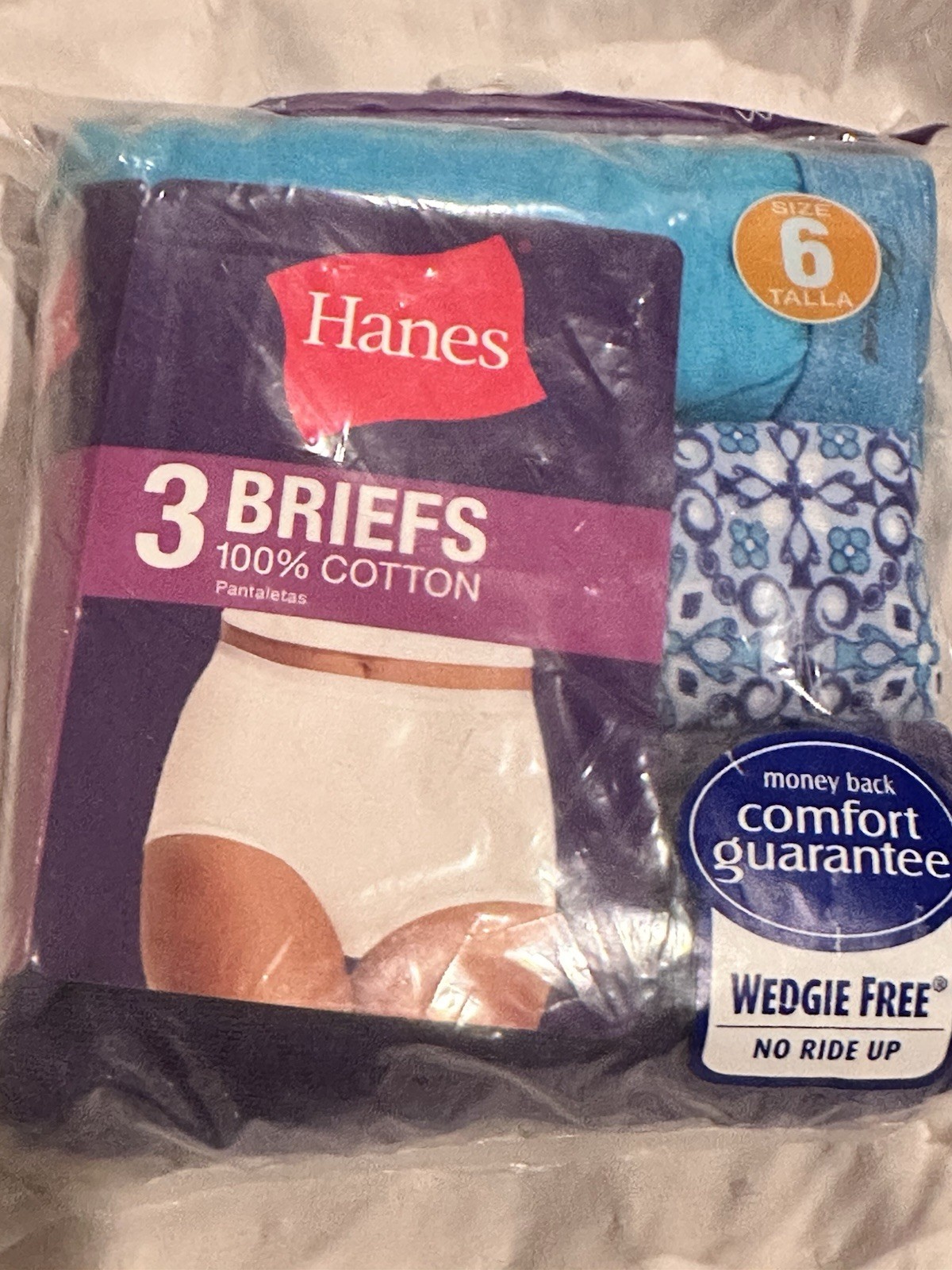3 Hanes womens cotton briefs size 6 All Different Colors. Wedgie Free.