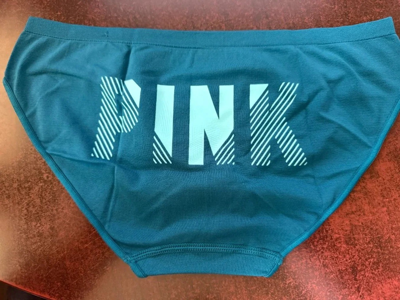 Vtg Victorias Secret PINK Seamless Bikini Panties Teal Blue Striped Logo Y2K