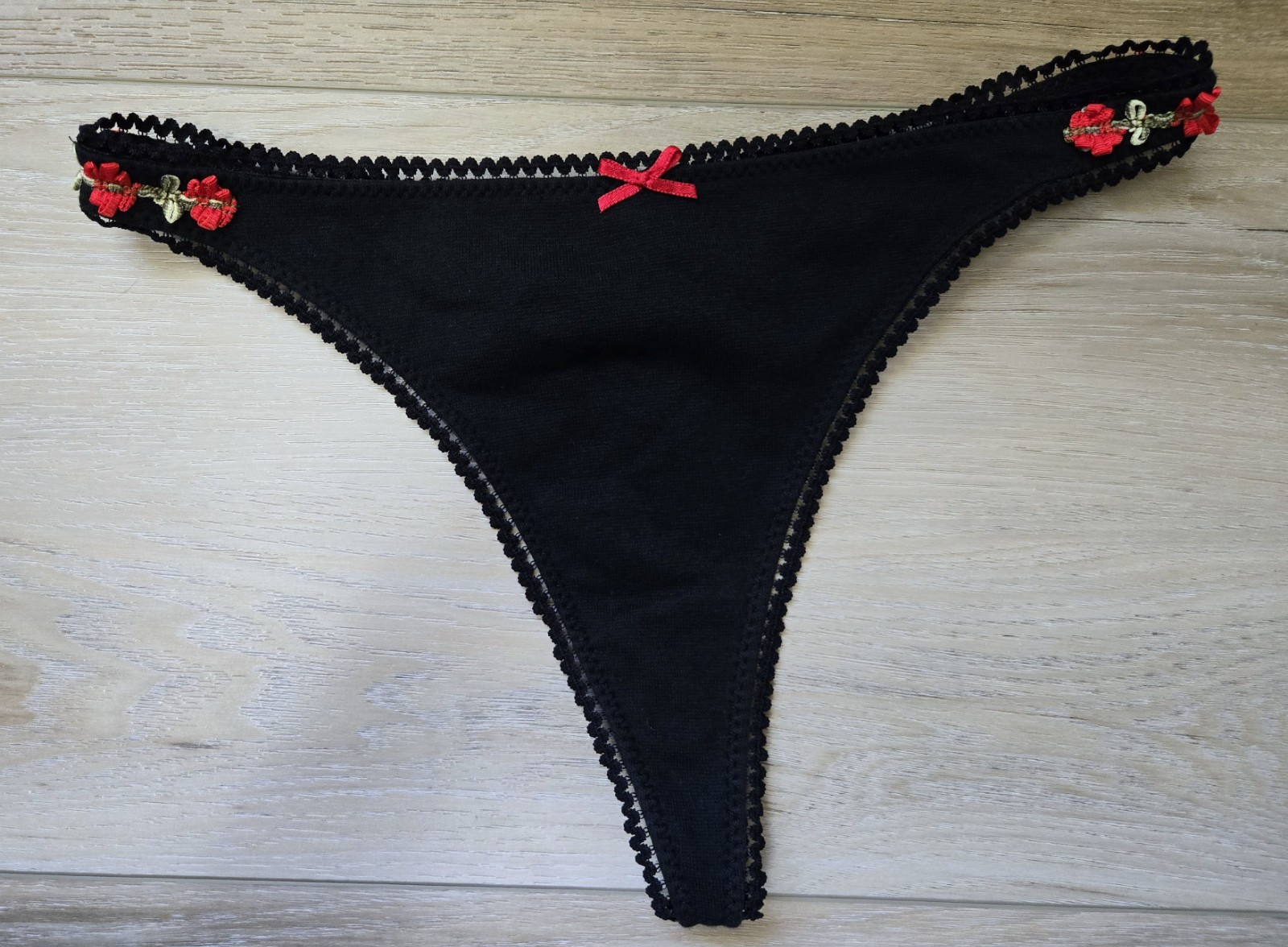 Black Cotton Blend Floral Embroidered Thong String Panties Bow M