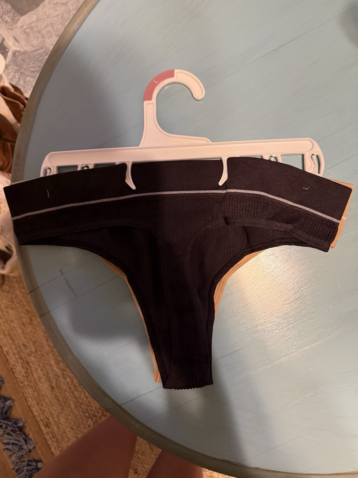 Hanes Women’s Ribbed Cotton Thong Panties 2 Pack Beige Black Stretch L